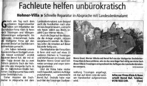 Zeitungsartikel zur Hohner-Villa nach dem Hagelsturm